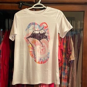 White tee with open mouth (mouth is tie dye). New and never worn.